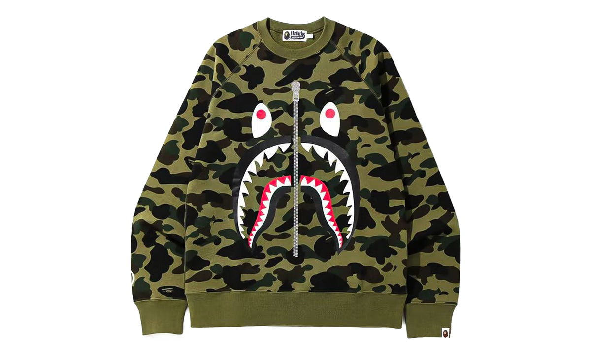 BAPE 1st Camo Printed Zip Shark Crewneck Sweatshirt Green 1K80 613 003 GREEN