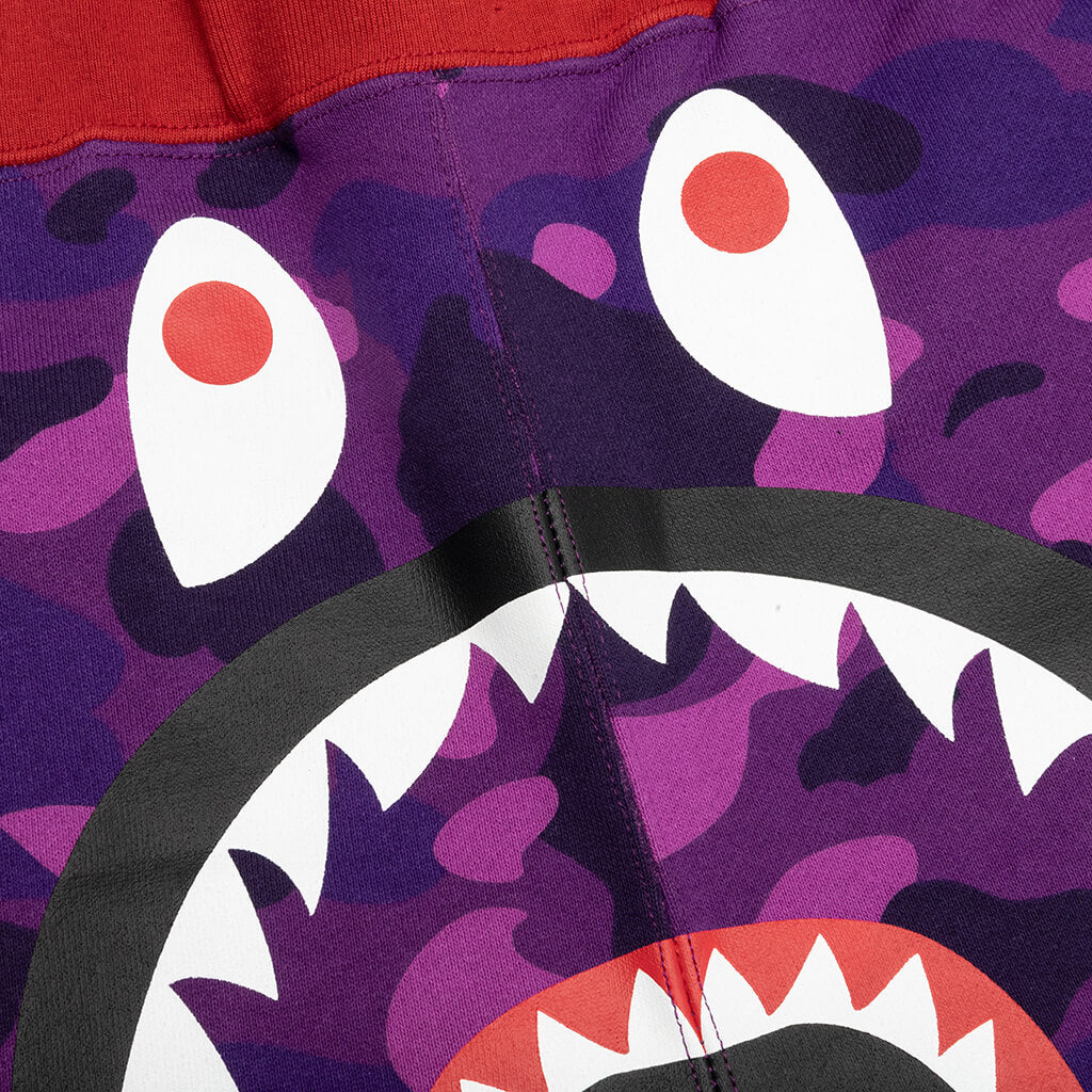 A BATHING APE Crazy Camo Shark Sweat Shorts - Purple