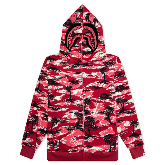 A BATHING APE Palm Tree Camo Relaxed Fit Shark Full Zip Hoodie - Red