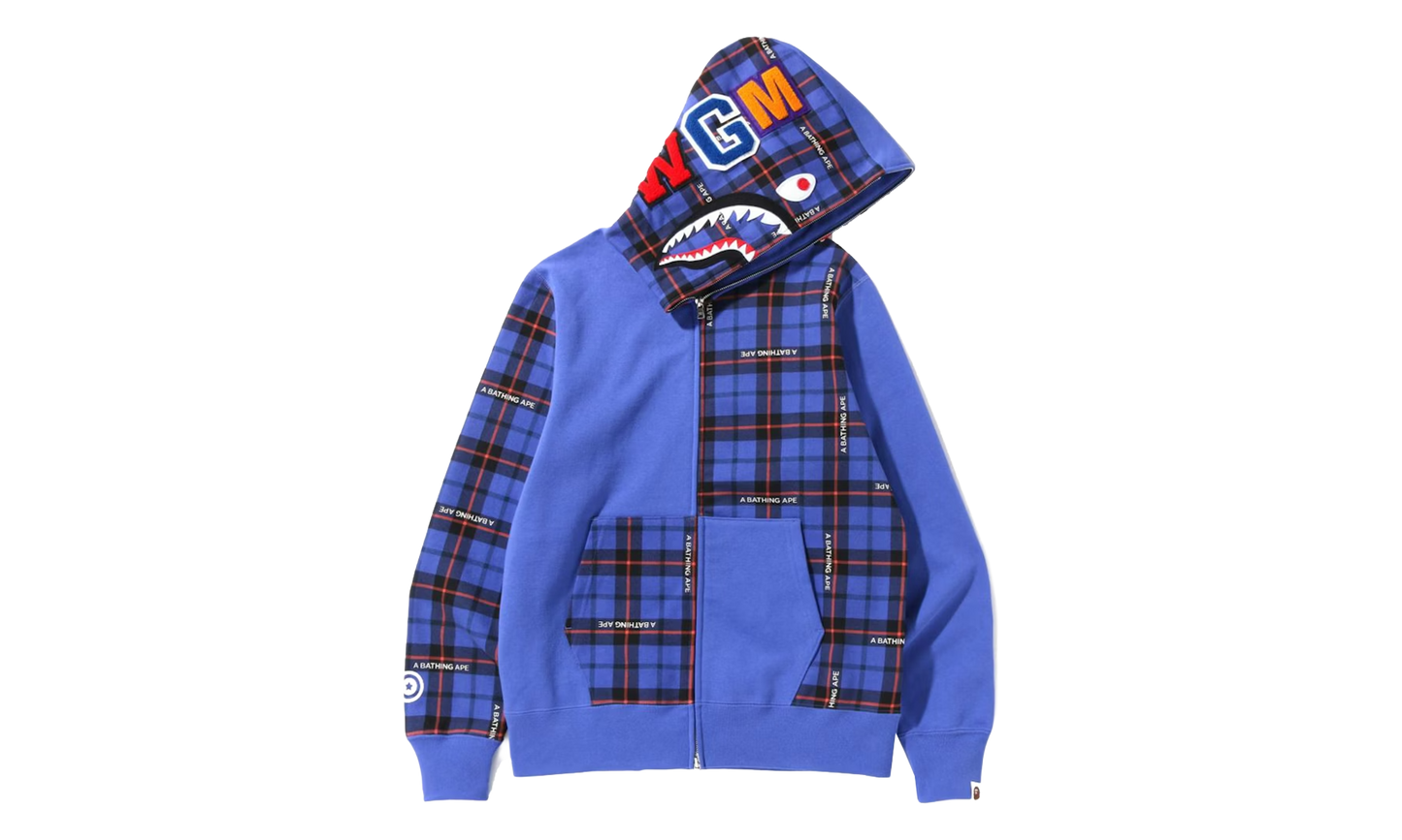 BAPE Logo Check Shark Full Zip Hoodie Blue 0ZXSWM15004MI BLUE