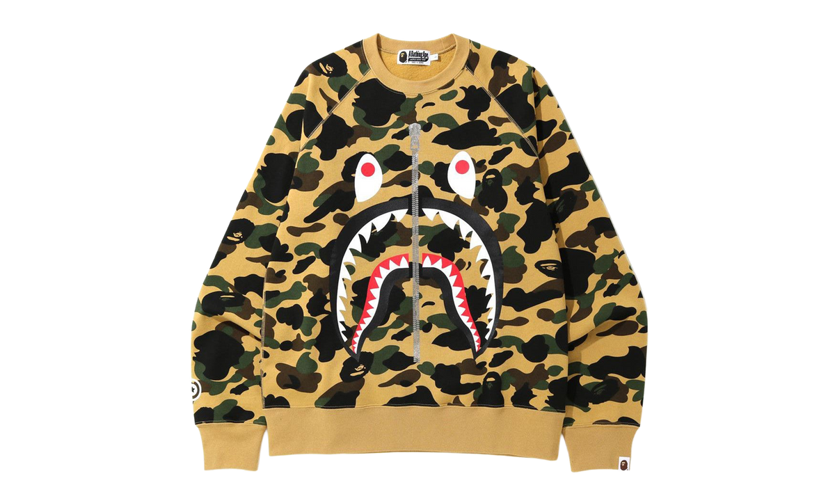 BAPE 1st Camo Printed Zip Shark Crewneck Sweatshirt Yellow 1K80 613 003 YELLOW
